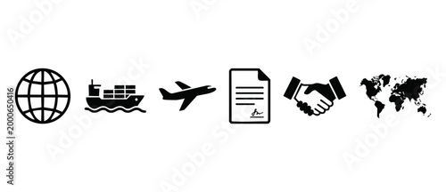 Global Logistics Shipping Icons Set for International Business and Trade Transportation, representing supply chain, cargo freight, document contract agreement, and worldwide connection strategy concep