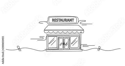 Minimalist line art of a restaurant exterior with awning and signage. None editable stroke