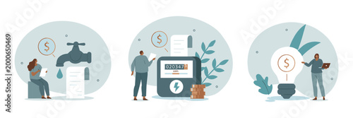 Financial management with people managing expenses paying bills saving money flat design vector art vector illustration graphic design utility bill management expenses investment financial