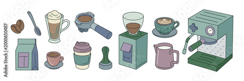 Coffee machine and accessories vector illustration set with espresso beverage equipment preparation illustration collection isolated background