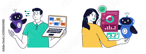 Artificial intelligence and technology concept with people interacting with robots and data machine learning flat design vector art vector illustration graphic design technology computer