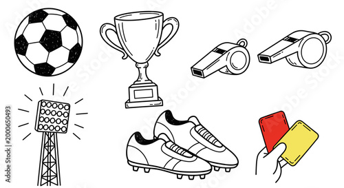 Collection of hand-drawn soccer sport icons including a ball, trophy, boots, whistles, spotlight, and red and yellow cards on white.