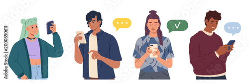 Group of diverse young people texting and using smartphones with social media smartphones communication technology illustration internet connection lifestyle activity dialogue notification
