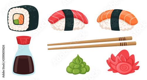 A collection of delicious sushi and Japanese dining essentials like soy sauce and chopsticks are artfully arranged.