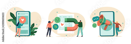 Concept of attraction and engagement in digital marketing with social media marketing attraction engagement illustration smartphone customer feedback satisfaction campaign strategy business
