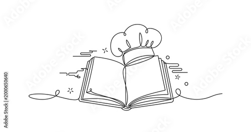 Line art of open cookbook with chef hat and whimsical culinary elements. None editable stroke