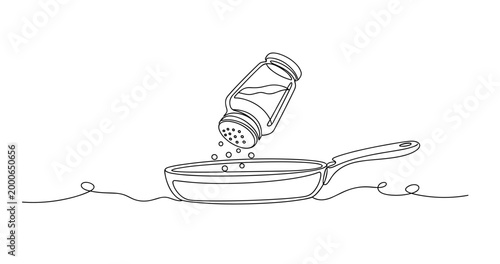 Continuous line art of salt shaker pouring into frying pan. None editable stroke