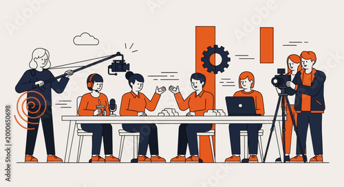 Cartoon vector illustration of bloggers on filming set interviewing each other, content creation and collaboration concept, camera and microphone as metaphor for storytelling and digital media interac
