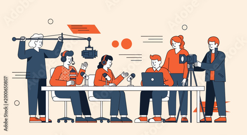 Cartoon vector illustration of bloggers on filming set interviewing each other, content creation and collaboration concept, camera and microphone as metaphor for storytelling and digital media interac
