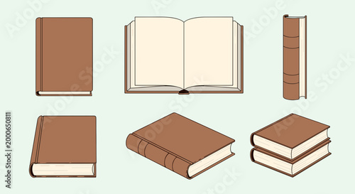 A versatile set of brown book illustrations displayed in various positions, including closed, open, and stacked, ideal for educational content.