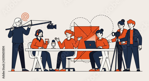 Cartoon vector illustration of bloggers on filming set interviewing each other, content creation and collaboration concept, camera and microphone as metaphor for storytelling and digital media interac