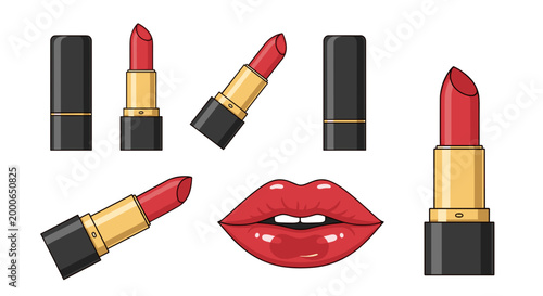 A beautiful collection of red lipstick tubes in various states, alongside a pair of perfectly made-up red lips, symbolizing beauty.