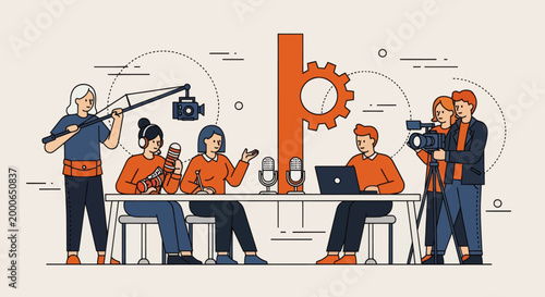 Cartoon vector illustration of bloggers on filming set interviewing each other, content creation and collaboration concept, camera and microphone as metaphor for storytelling and digital media interac