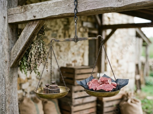 Hanging balance scale with raw meat and brass weights for rustic market background and butcher shop banner design