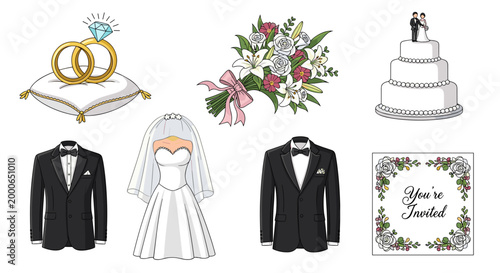 A collection of wedding essentials including rings, bouquet, cake, attire for bride and groom, and an invitation.