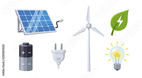 Renewable energy sources are depicted with a solar panel, wind turbine, battery, plug, light bulb, and a green leaf icon.