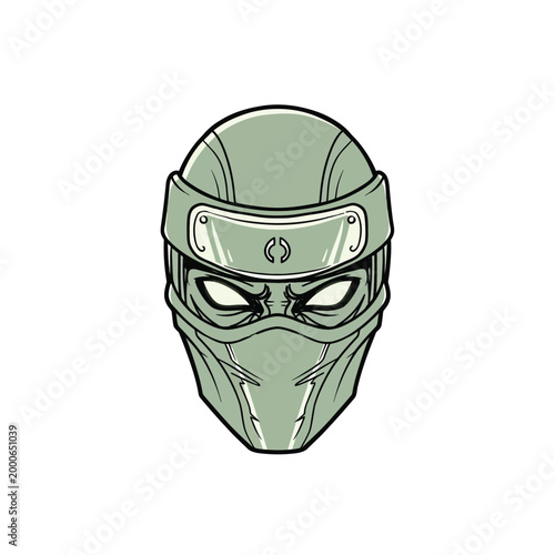 Futuristic Ninja Warrior Head Mascot Logo Vector Illustration, Tactical Shinobi Assassin with Metal Headband and Glowing Eyes for Gaming and Esports Branding
