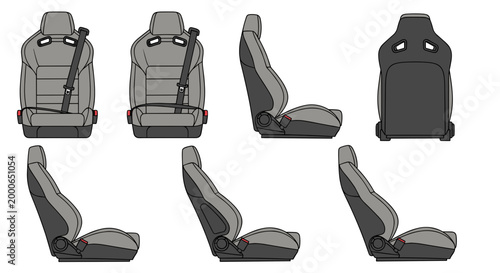Multiple views of a modern gray racing car seat with a seatbelt, showcasing its ergonomic design.