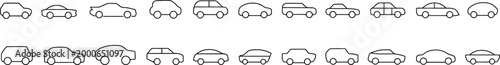 Car line icons including sedan, suv, electric vehicle, transport symbols for modern mobility and interface design