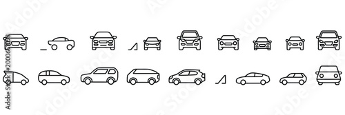 Car line icons featuring vehicle, transport, automobile, driving symbols in clean editable outline vector style