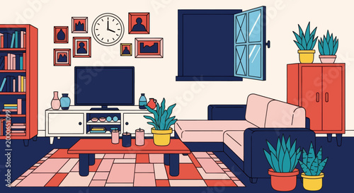 Cozy modern living room vector illustration with furniture including sofa, bookshelf, TV, and plants. Flat design style for interior and lifestyle projects.