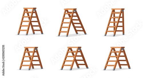 A set of six different illustrations of wooden stepladders and ladders, showcasing various types and configurations of ladder structures.