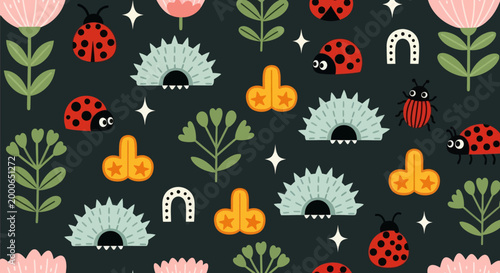 Whimsical illustration of ladybugs and flowers in a lush green garden from a bird's eye view