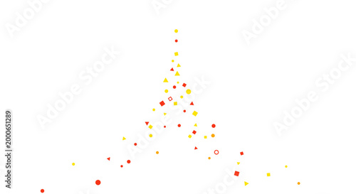 Colorful abstract confetti and particles scattered against a pure white background.