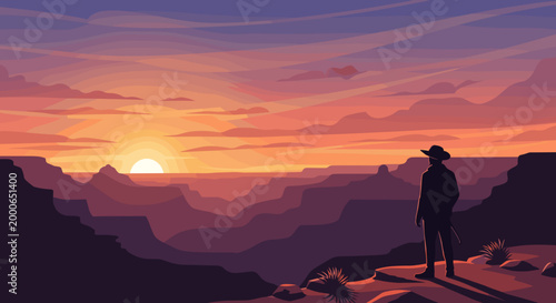 A solitary figure in a hat stands overlooking a vast, breathtaking canyon landscape during a beautiful sunset with vibrant orange and purple hues.