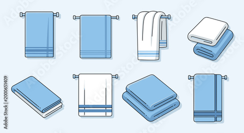 A versatile collection of various blue and white towels, neatly folded or hanging, showcasing different sizes and textures on a light blue background.