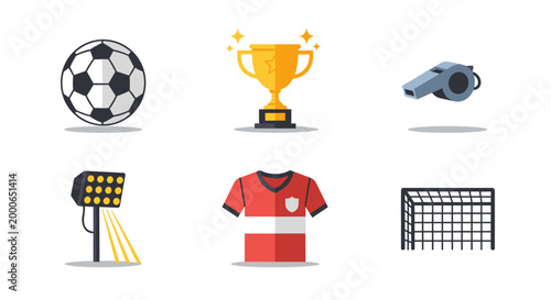 A set of six isolated flat design icons representing various soccer elements, including a ball, trophy, whistle, floodlight, red jersey, and goal.
