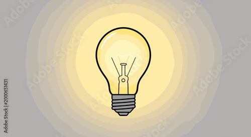 A glowing classic light bulb emitting bright, concentric rings of light against a neutral grey background, symbolizing an idea or innovation.