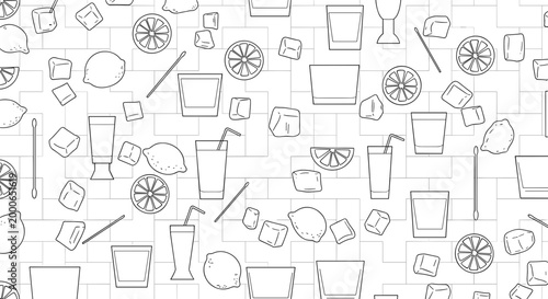 A cheerful sketched pattern of refreshing summer drinks, citrus slices, and ice cubes on a light background.