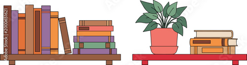 Minimal Bookshelf Vector Illustration with Stacked Books and Potted Plant on Wooden Shelves Isolated on White Background for Home Decor and Interior Design.