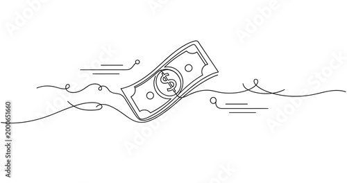 Minimalist line art of floating dollar bill with flowing lines. None editable stroke
