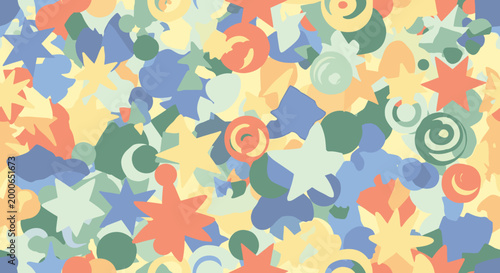 A dense, colorful abstract pattern composed of various organic and geometric shapes like stars, swirls, and flowers.