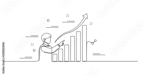 Business growth vector - male analyzing rising bar chart graph arrow. None editable stroke