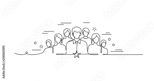 Minimalist line drawing of diverse group of people showing unity and leadership. None editable stroke
