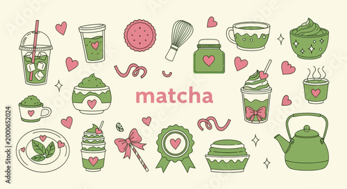 Cute matcha stickers set in hand drawn style. Fresh drink, teapots, bowls, and tea tools. Minimal doodle beverage illustrations for planners, cafe menus, scrapbooking, packaging, ads.