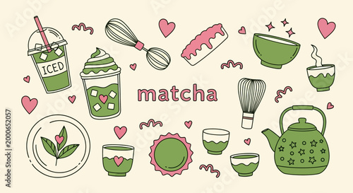 Cute matcha stickers set in hand drawn style. Fresh drink, teapots, bowls, and tea tools. Minimal doodle beverage illustrations for planners, cafe menus, scrapbooking, packaging, ads.