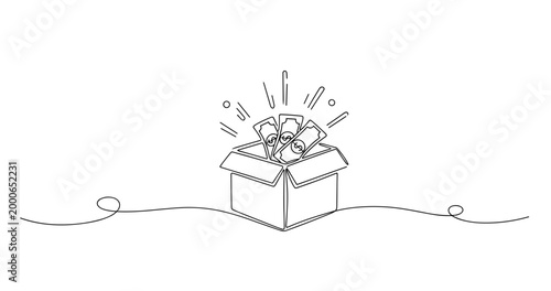 Surprise gift box with cash explosion concept in minimalist line art. None editable stroke