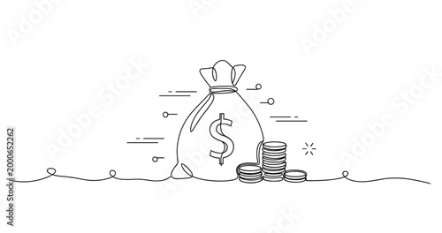 Economic growth: money bag with dollar sign and coin stacks. None editable stroke