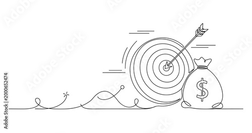 Arrow hitting target with money bag: symbolizing financial success and goal achievement. None editable stroke