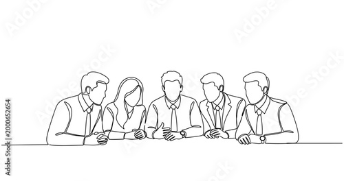 Team discussion: business professionals in collaborative meeting. No editable stroke