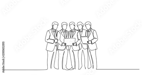 Outline of a group of young caucasian male businessmen holding devices. No editable stroke
