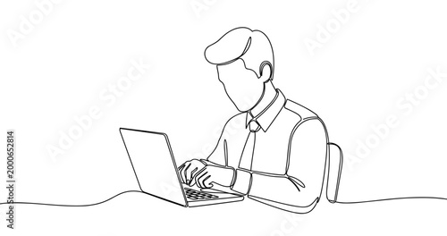 Line art of young caucasian male using laptop in professional attire. No editable stroke