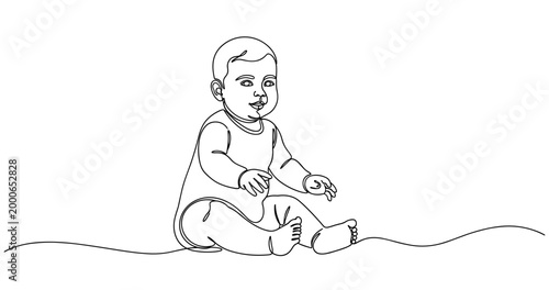 Line art of young caucasian baby sitting on floor in onesie. No editable stroke