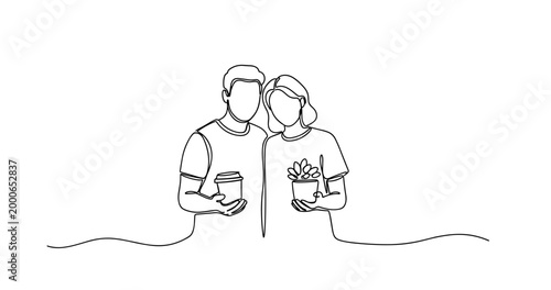 Line art of young caucasian male and female holding coffee and plant. No editable stroke