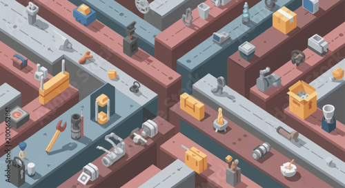 Abstract Isometric Factory Production Line with Various Components.