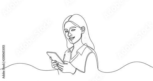 Continuous line drawing of young caucasian female using smartphone. No editable stroke